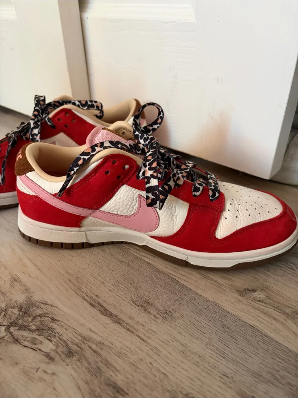 Nike Red, White and Pink Low-Top Sneakers with Leopard Laces